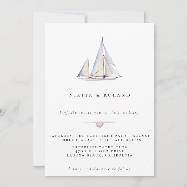 Watercolor Sailboat Nautical Wedding Invitation (Front)