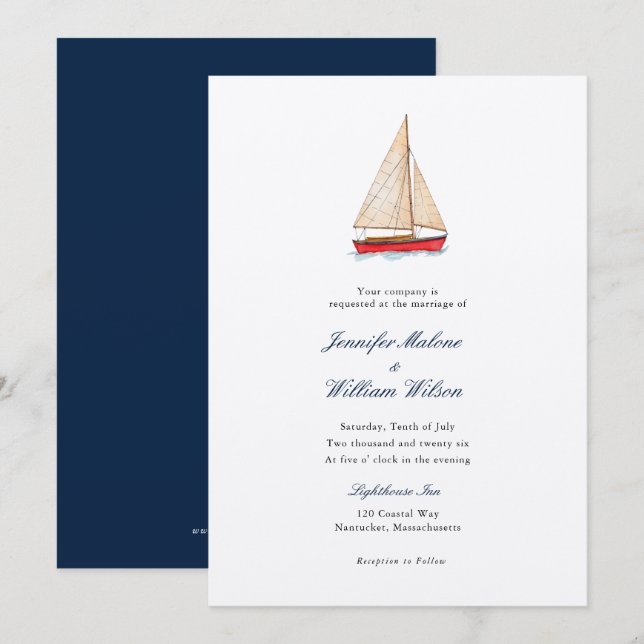 Watercolor Sailboat Nautical wedding invitation (Front/Back)