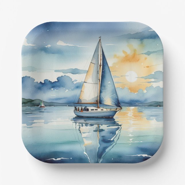 Watercolor Sailboat On a Lake At Sunset Paper Plate (Front)