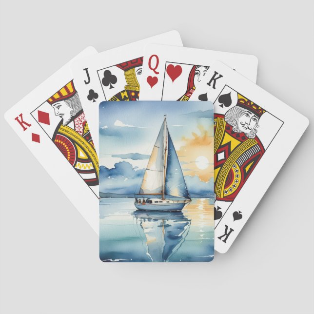 Watercolor Sailboat On a Lake At Sunset Playing Cards (Back)