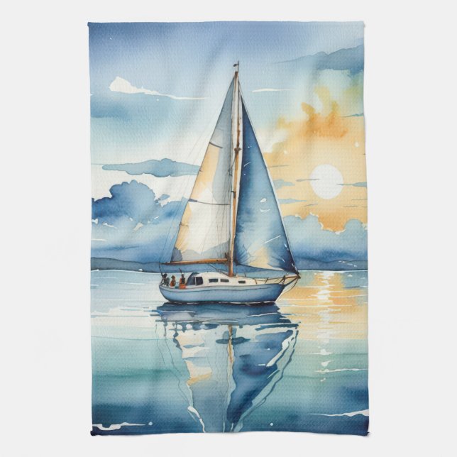 Watercolor Sailboat On a Lake At Sunset Tea Towel (Vertical)