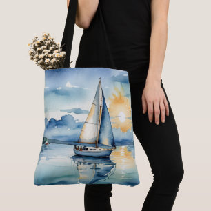 Watercolor Sailboat On a Lake At Sunset Tote Bag