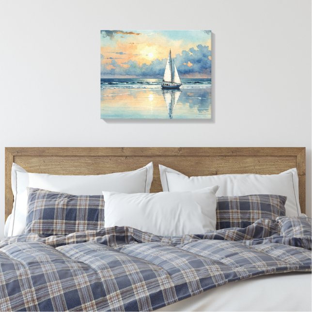 Watercolor Sailboat On Ocean Painting Canvas Print (Insitu(Bedroom))
