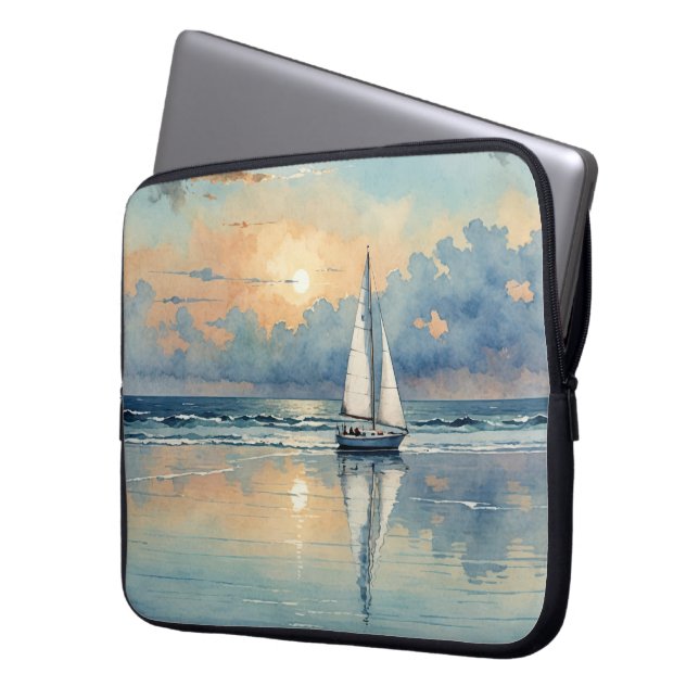 Watercolor Sailboat On Ocean Painting Laptop Sleeve (Front Left)