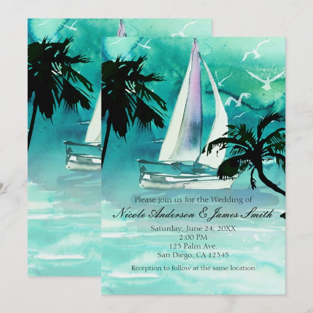 Watercolor Sailboat & Palm Trees Sea Invitations (Front/Back)