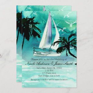 Watercolor Sailboat & Palm Trees Sea Invitations