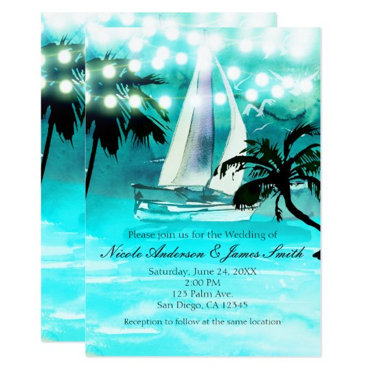 Watercolor Sailboat Palm Trees & String Lights Card