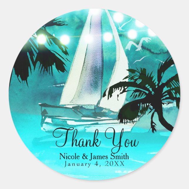 Watercolor Sailboat Palm Trees & String Lights Classic Round Sticker (Front)