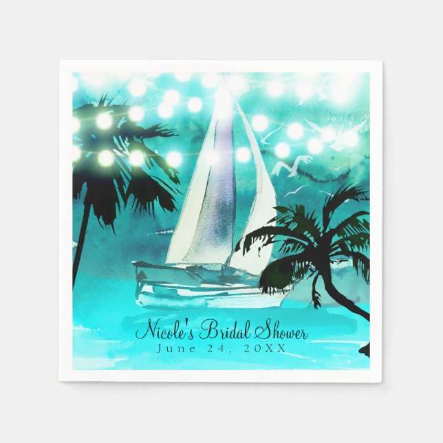 Watercolor Sailboat Palm Trees & String Lights Napkin (Front)