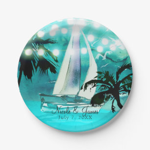 Watercolor Sailboat Palm Trees & String Lights Paper Plate