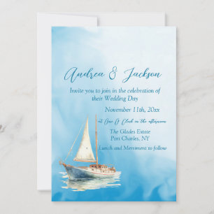 Watercolor Sailboat Photo QR Code Wedding Invitation