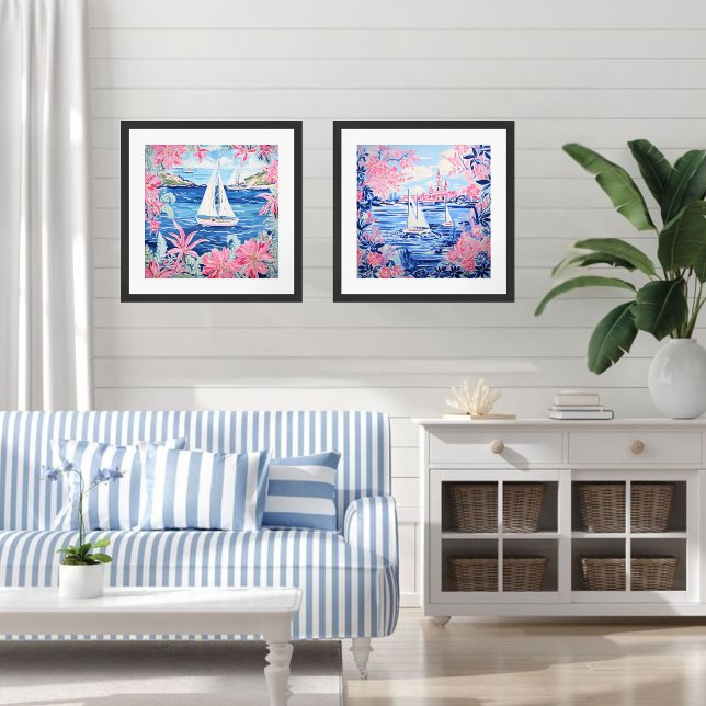 Watercolor Sailboat Pink Tropical Square Poster (Creator Uploaded)