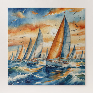 Watercolor Sailboat Regatta Jigsaw Puzzle