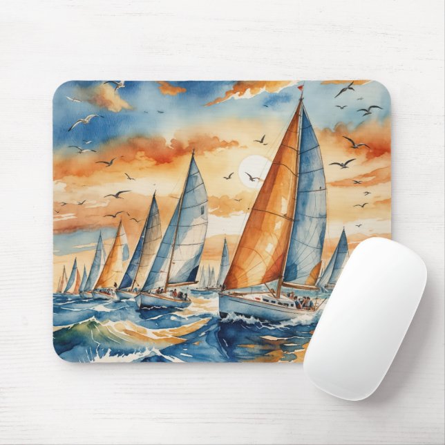 Watercolor Sailboat Regatta Mouse Mat (With Mouse)