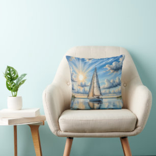 Watercolor Sailboat Sailing In Sunshine Cushion