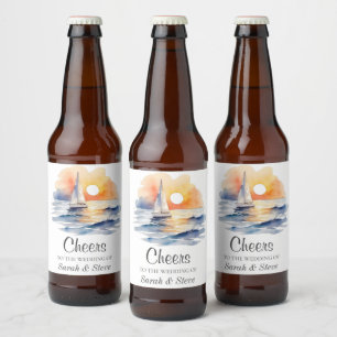Watercolor Sailboat Sunset Seascape Wedding Beer Bottle Label