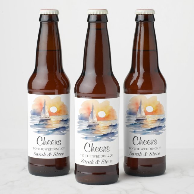 Watercolor Sailboat Sunset Seascape Wedding Beer Bottle Label (Bottles)