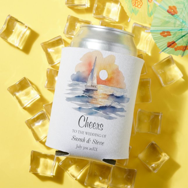 Watercolor Sailboat Sunset Seascape Wedding Can Cooler (In Situ Summer)