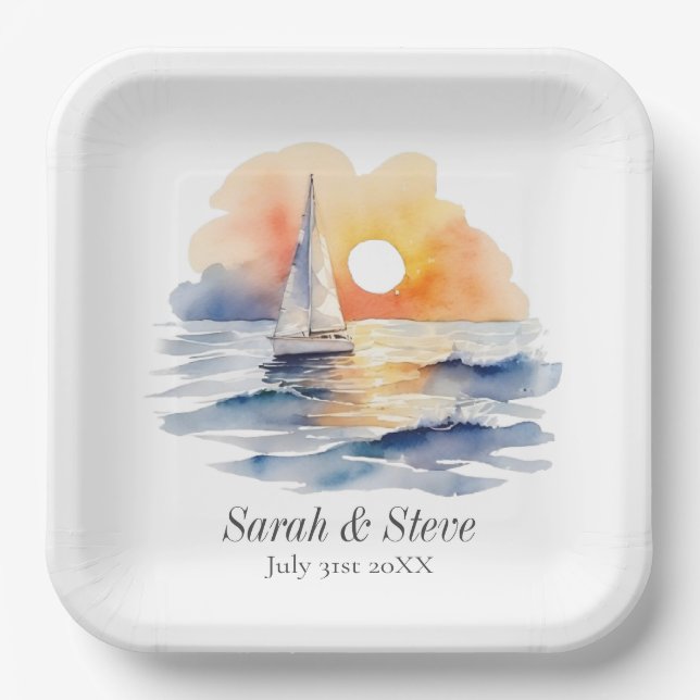 Watercolor Sailboat Sunset Seascape Wedding Paper Plate (Front)