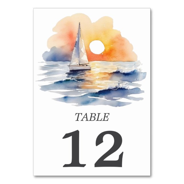 Watercolor Sailboat Sunset Seascape Wedding Table Number (Front)