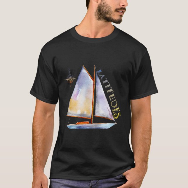 Watercolor Sailboat With Compass And Latitudes Sai T-Shirt (Front)