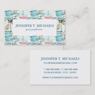 Watercolor Sailboat with Palm Tree Pattern Business Card