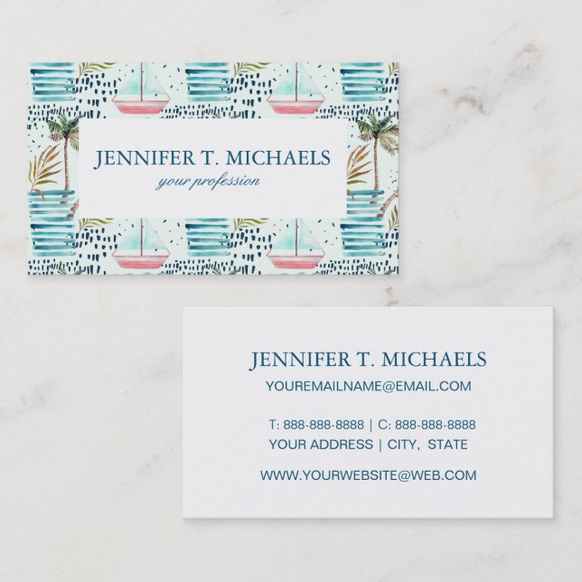 Watercolor Sailboat with Palm Tree Pattern Business Card (Front/Back)