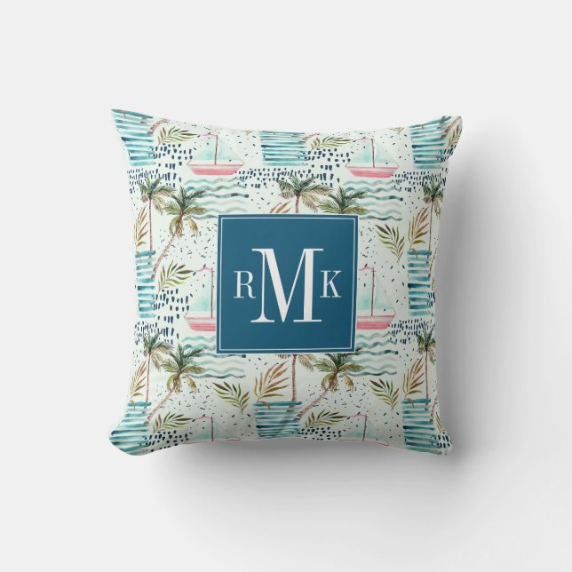 Watercolor Sailboat with Palm Tree Pattern Cushion (Front)