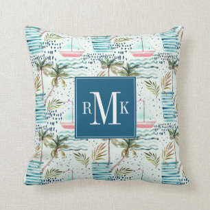 Watercolor Sailboat with Palm Tree Pattern Cushion