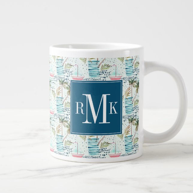 Watercolor Sailboat with Palm Tree Pattern Large Coffee Mug (Right)