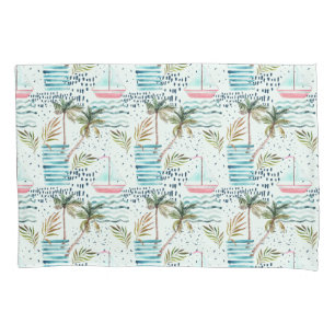 Watercolor Sailboat with Palm Tree Pattern Pillowcase