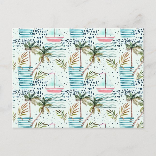 Watercolor Sailboat with Palm Tree Pattern Postcard (Front)