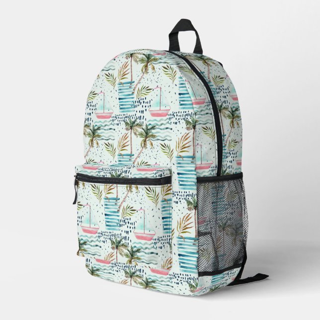 Watercolor Sailboat with Palm Tree Pattern Printed Backpack (Back Corner Right)