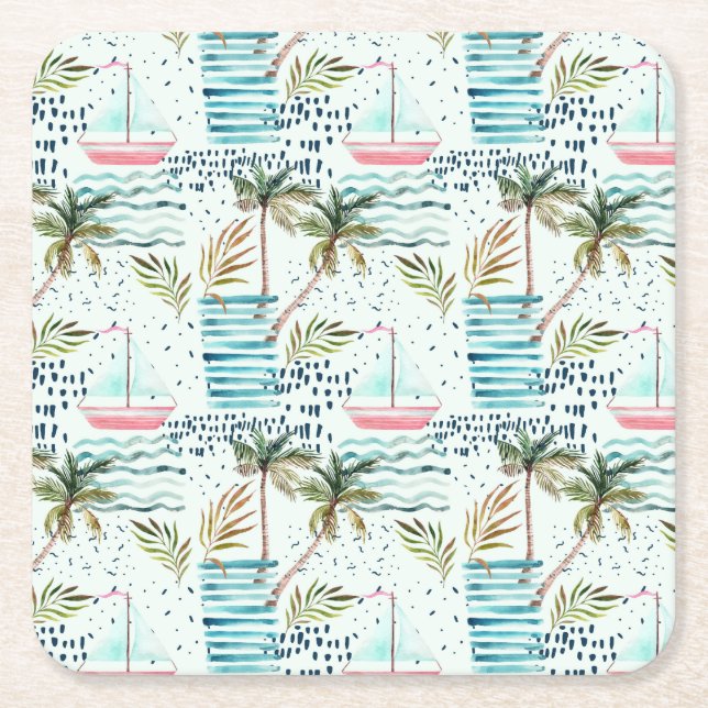 Watercolor Sailboat with Palm Tree Pattern Square Paper Coaster (Front)
