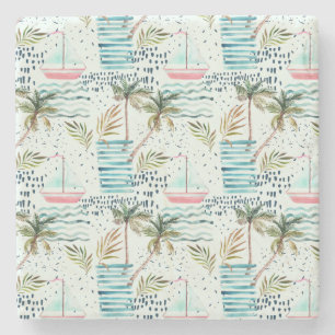 Watercolor Sailboat with Palm Tree Pattern Stone Coaster