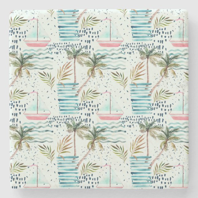 Watercolor Sailboat with Palm Tree Pattern Stone Coaster (Front)