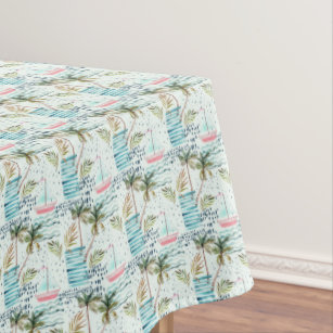 Watercolor Sailboat with Palm Tree Pattern Tablecloth