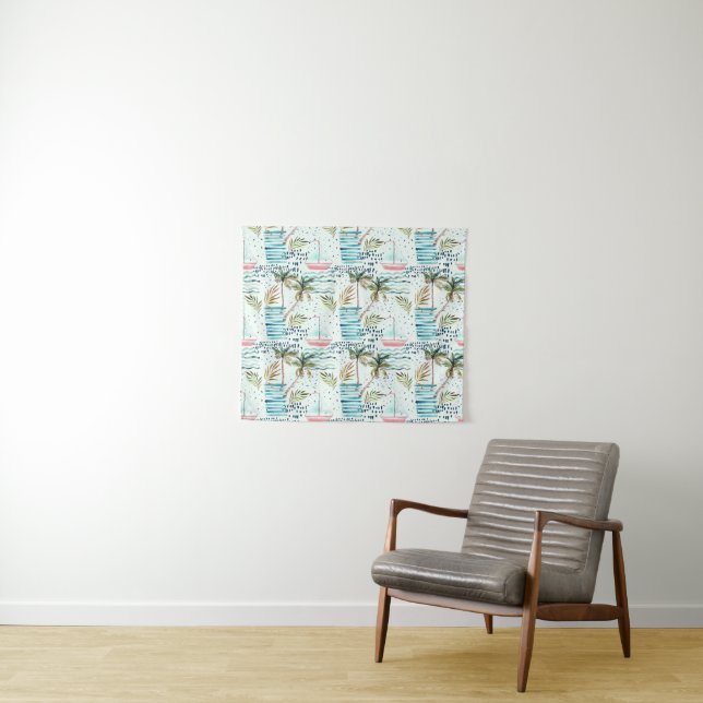 Watercolor Sailboat with Palm Tree Pattern Tapestry (In Situ (Horizontal))