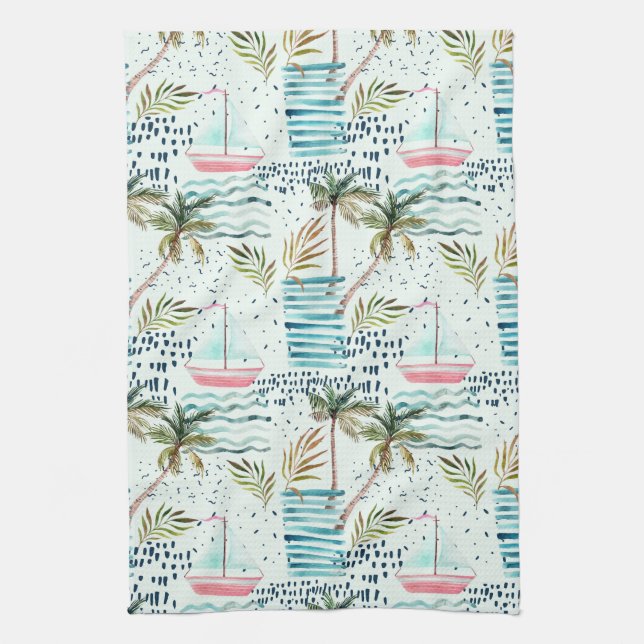 Watercolor Sailboat with Palm Tree Pattern Tea Towel (Vertical)