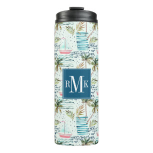 Watercolor Sailboat with Palm Tree Pattern Thermal Tumbler
