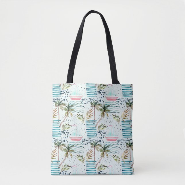 Watercolor Sailboat with Palm Tree Pattern Tote Bag (Front)