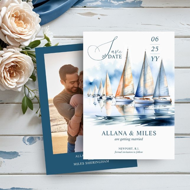 Watercolor Sailboats and Photo Coastal Wedding Save The Date (Creator Uploaded)