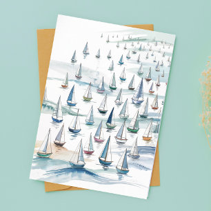 Watercolor Sailboats at Sea Nautical Beach Postcard