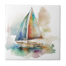 Watercolor Sailboats Ceramic Tile