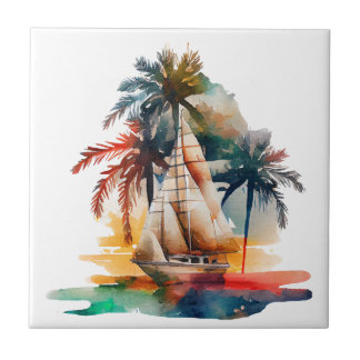 Watercolor Sailboats Ceramic Tile