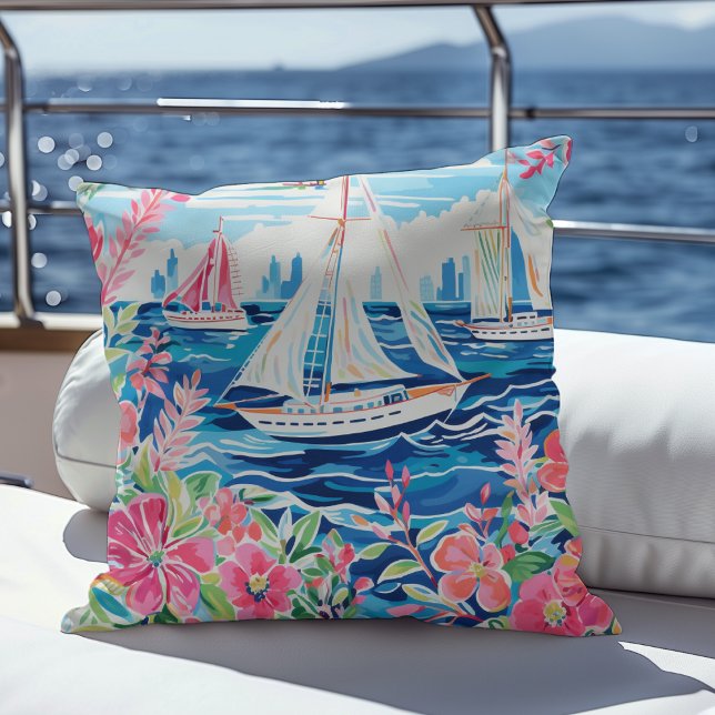 Watercolor Sailboats Coastal Pink Floral Cityscape Cushion (Creator Uploaded)