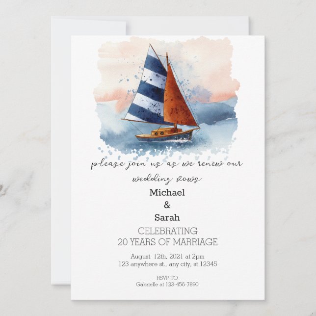  Watercolor Sailing Boat Wedding Vow Renewal  Invitation (Front)