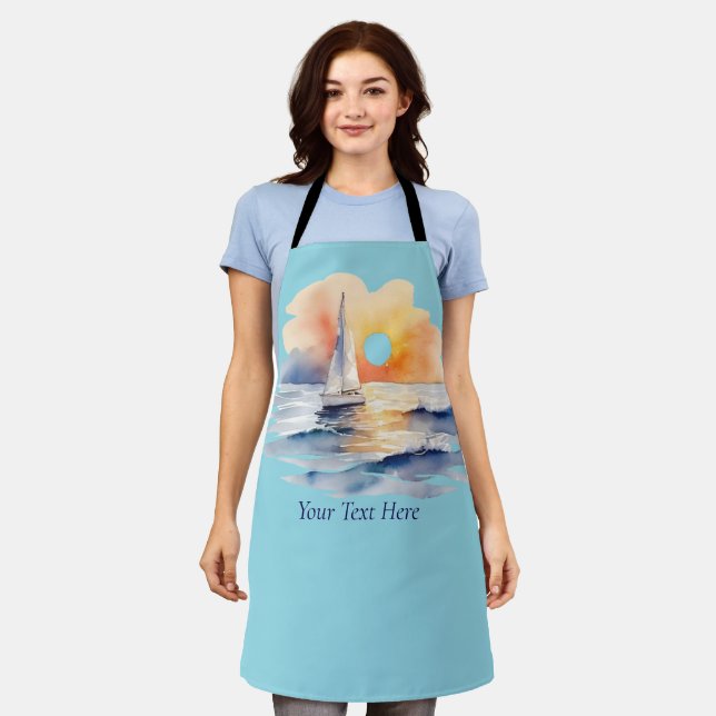 Watercolor Sailing Sailboat Nautical Sunset Ocean  Apron (Worn)