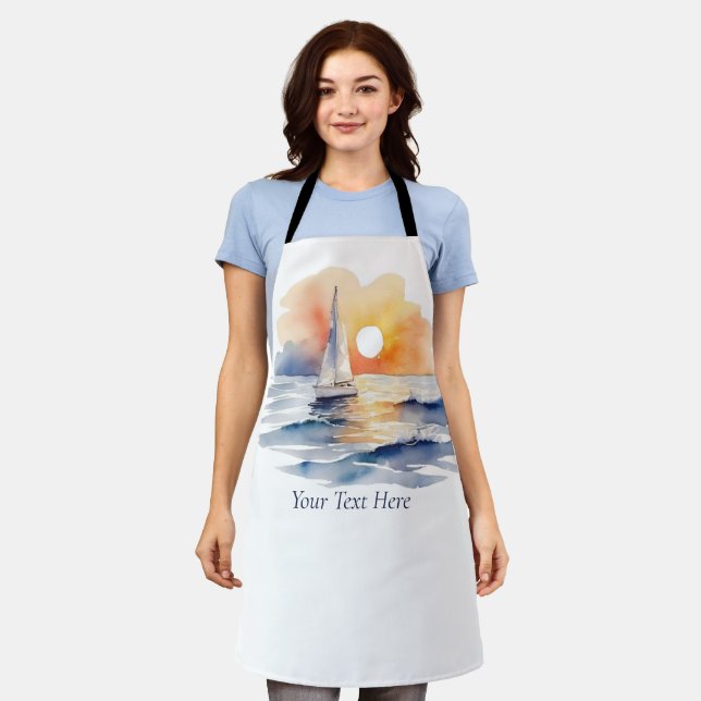 Watercolor Sailing Sailboat Nautical Sunset Ocean Apron (Worn)
