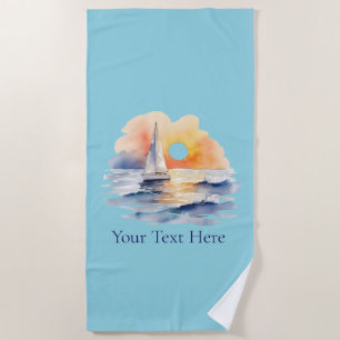 Watercolor Sailing Sailboat Nautical Sunset Ocean Beach Towel